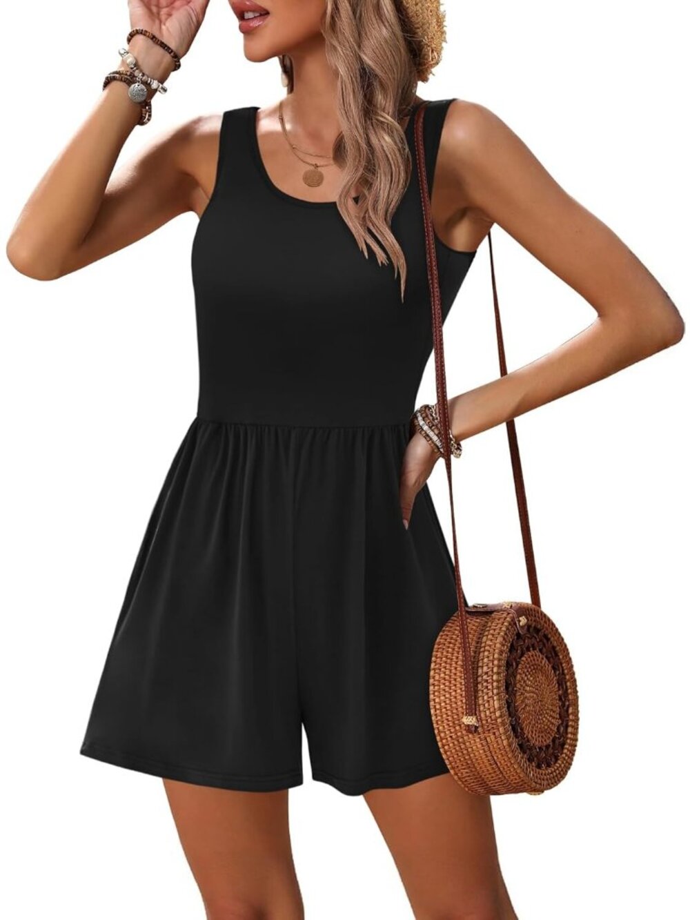 Women's Summer Romper Black Sleeveless Scoop Neck Short Beach Jumpsuit